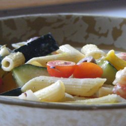 Greek Pasta Salad With Shrimp Tomatoes Zucchini Pe...